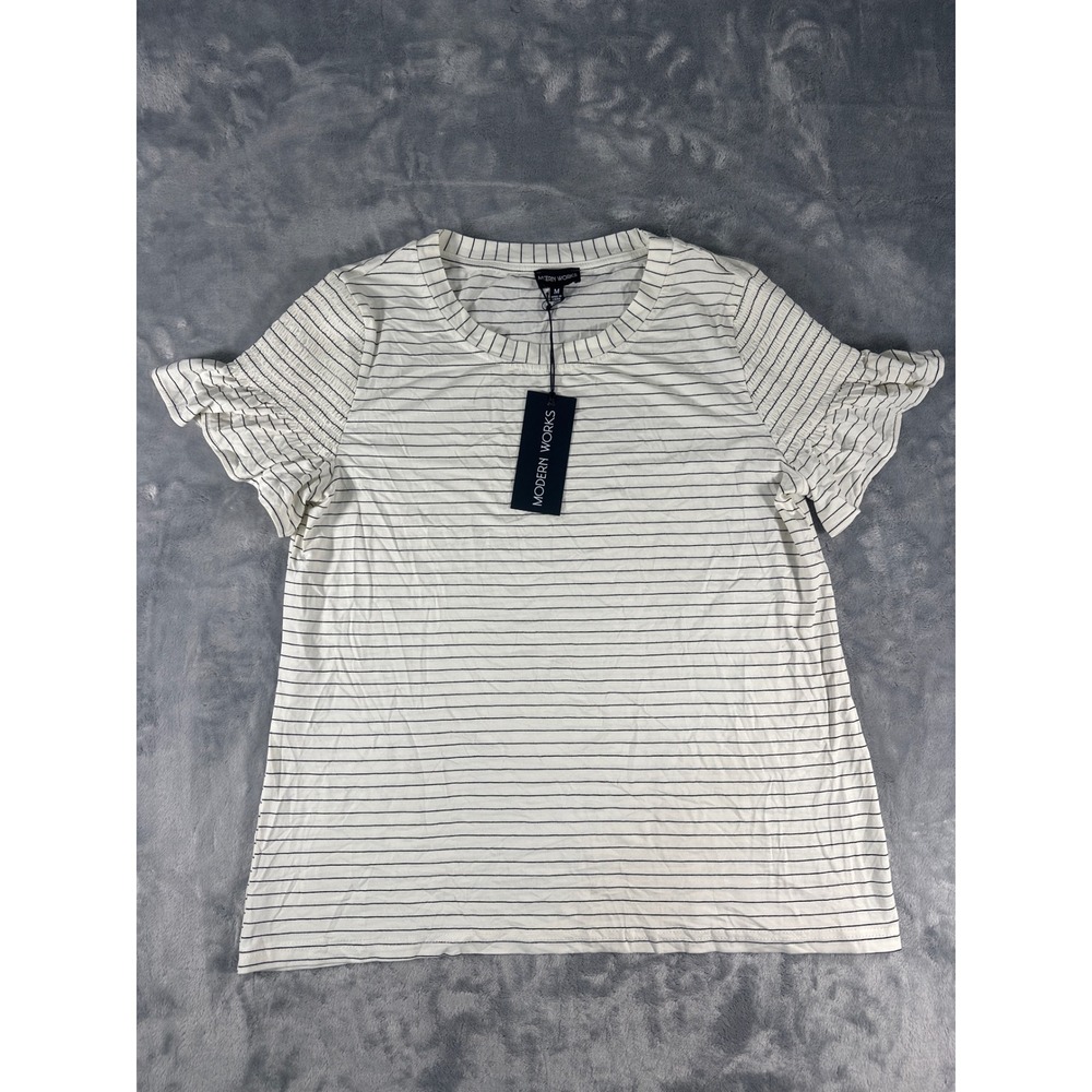 Modern Works Womens‎ Striped Ruffle Flutter Sleeve Crew Neck Top White Black M